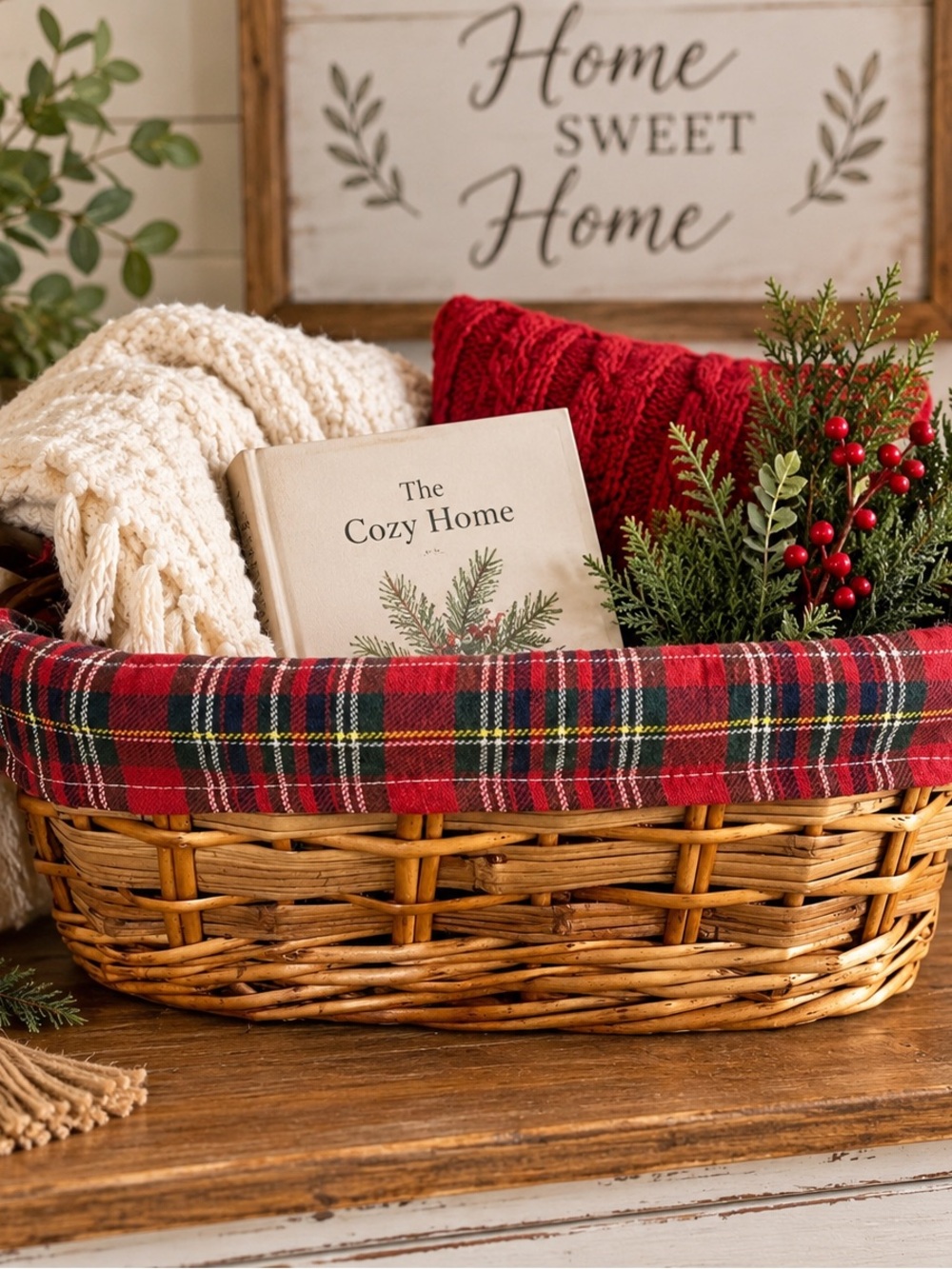 Woven Natural Willow Basket with Red Plaid Liner